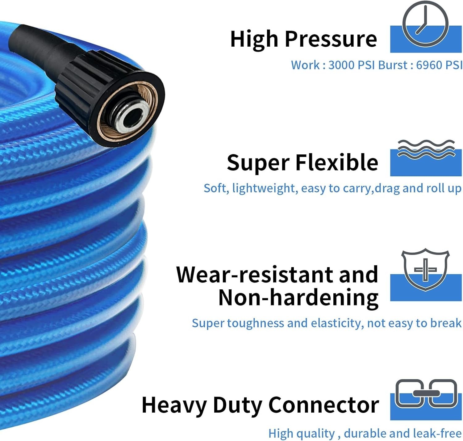 25 Feet Kink Resistant High Pressure Washer Hose – For M22 Connectors, 3000 PSI