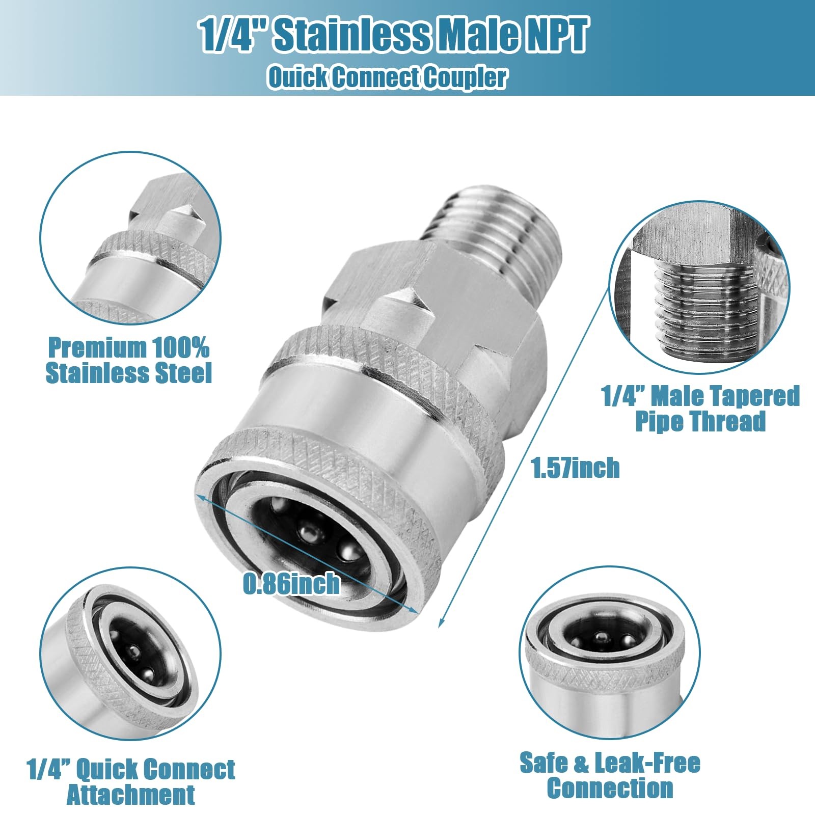 2 PCS NPT 1/4 Inch Pressure Washer Coupler Quick Connect Stainless Steel Set
