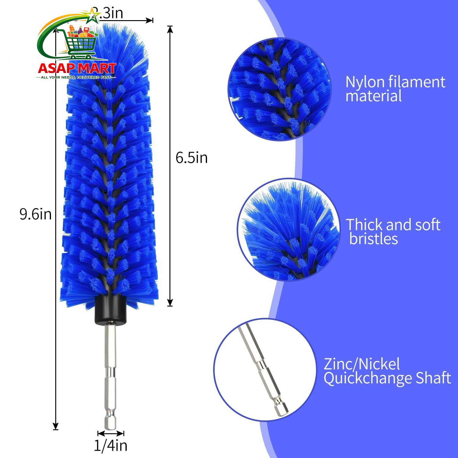 Drill Brush for Car Wheel and Bottle, Highly Dense 1/4in, 1 Pack Dark Blue