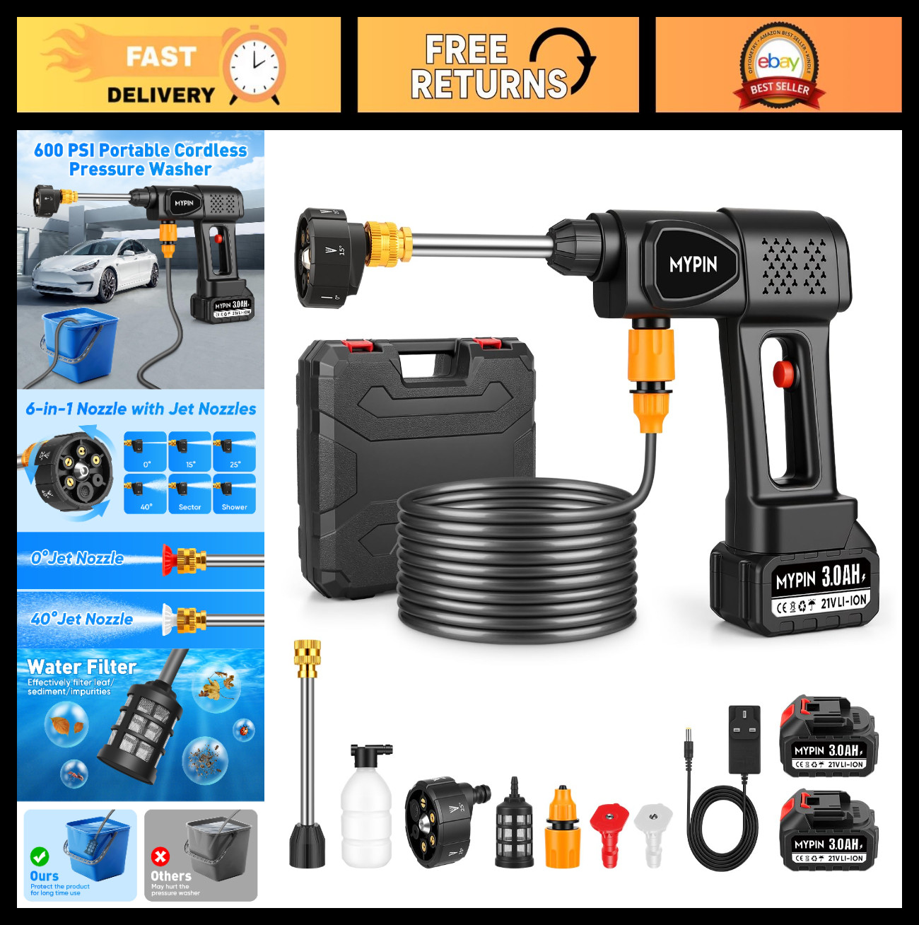 Portable Cordless 600PSI Pressure Washer – 6-in-1 Nozzle, 21V Battery, Handheld,