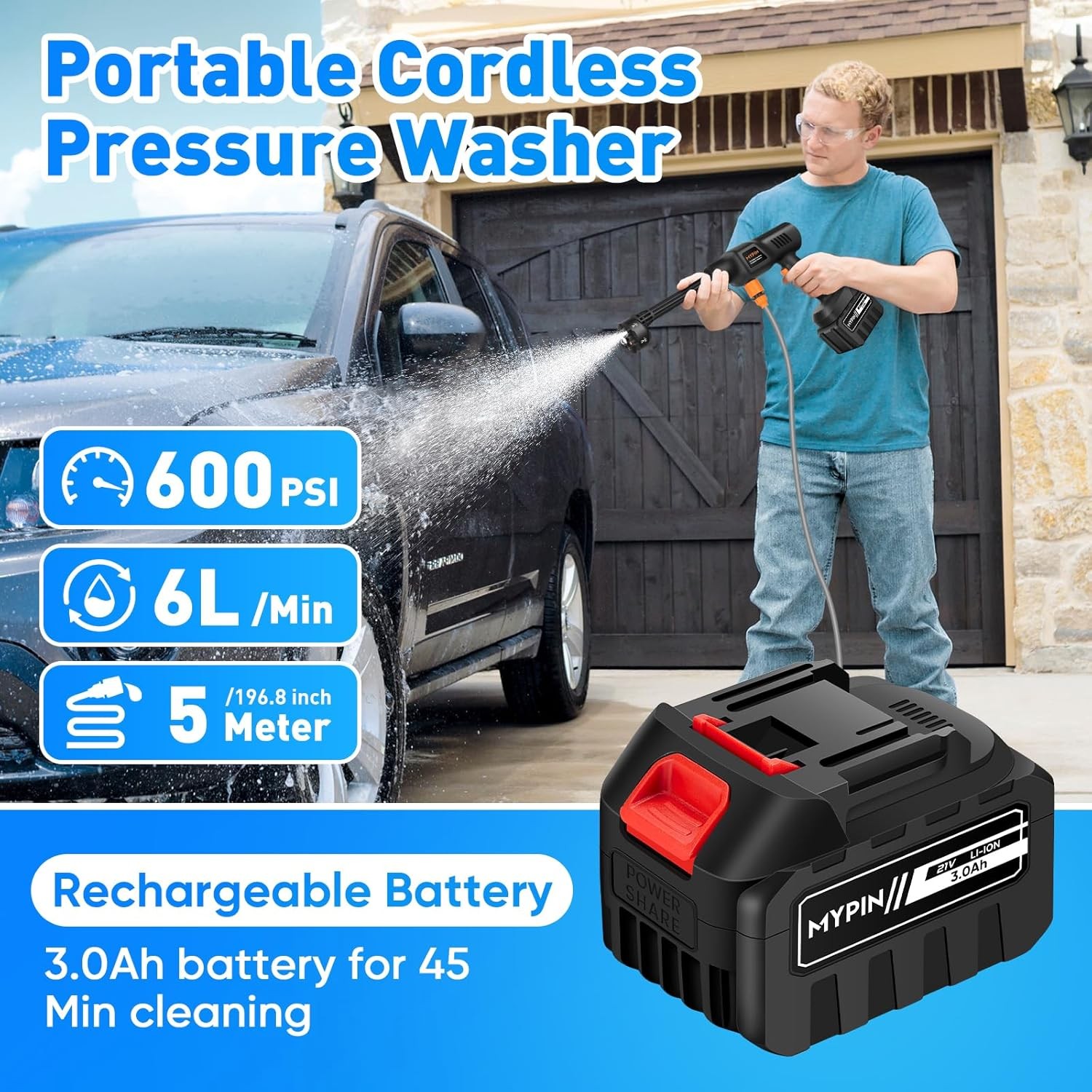 600PSI 3.0Ah Rechargeable Battery Powered Pressure Washer,6-in-1 Nozzle for Car