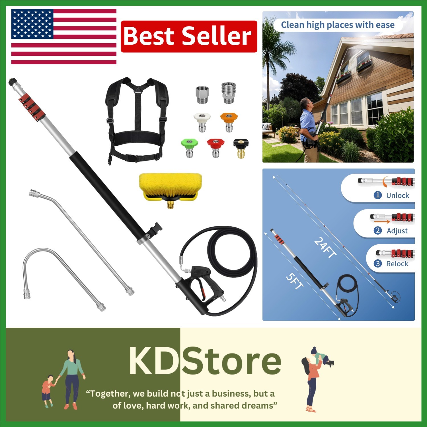 Ergonomic 24FT Extension Pole & Gutter Cleaner with 5 Nozzles for Easy Cleaning