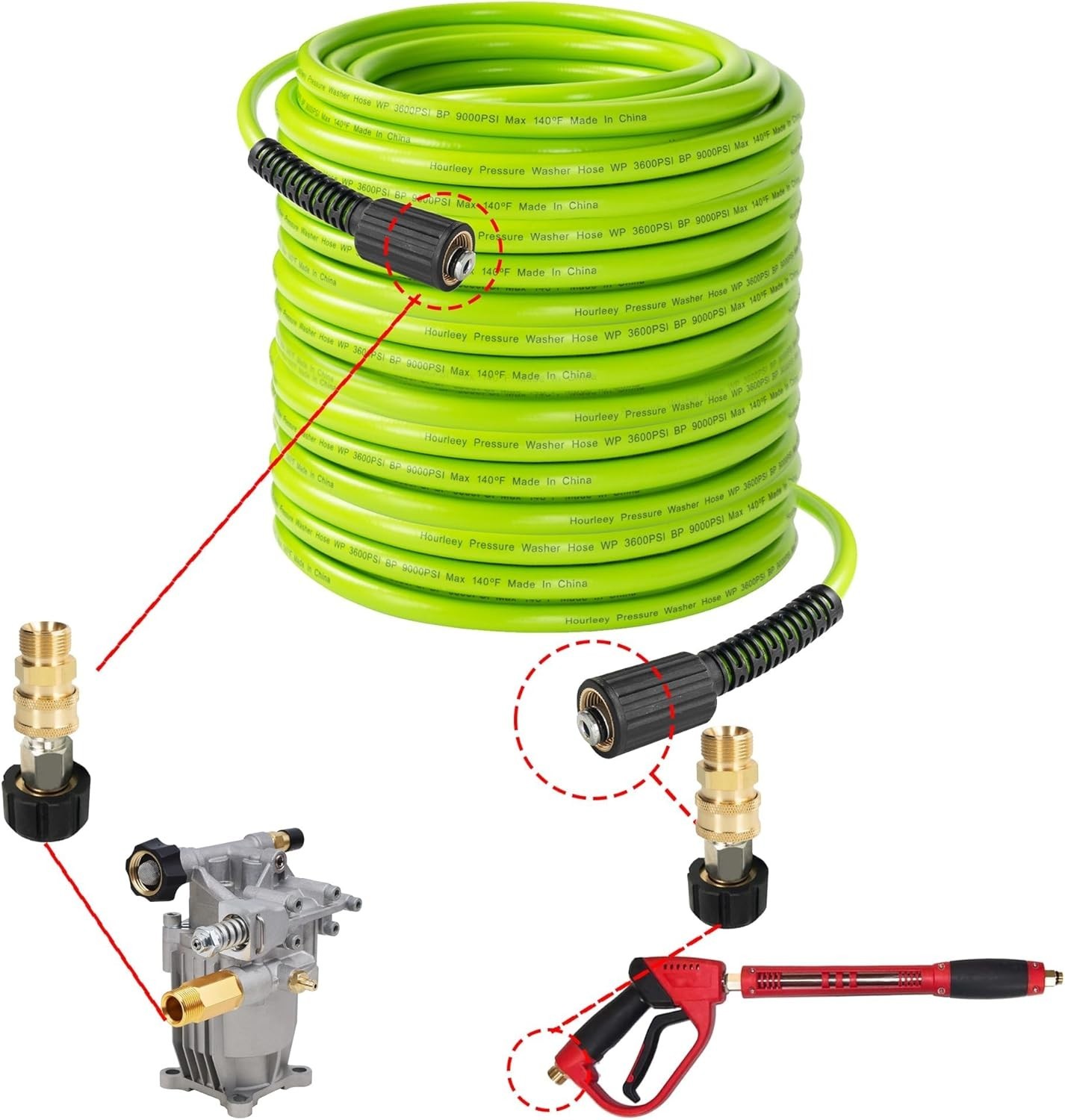 Versatile 1/4″ Quick Connect 50 FT Pressure Washer Hose, 3600 PSI & Adapters