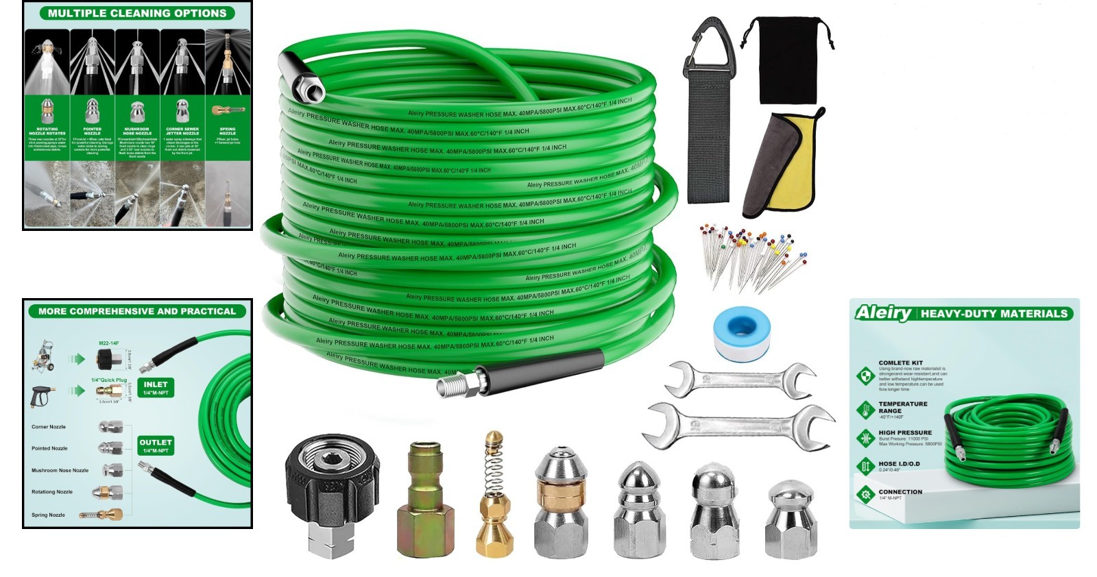 High-Pressure 50 FT Sewer Jetter Kit with Corner Nozzle & Spring Nose Design
