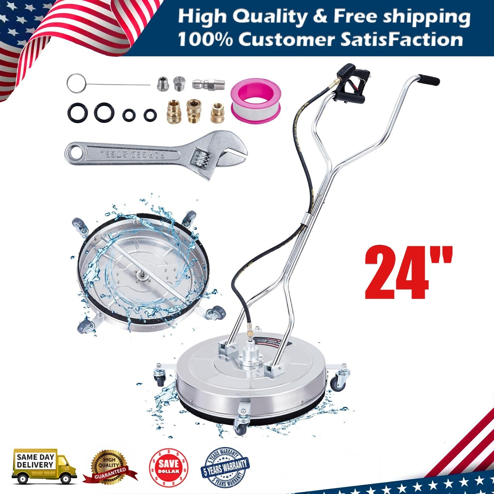 24″ Pressure Washer Surface Cleaner with Wheels & Handle Stainless Steel 4000PSI