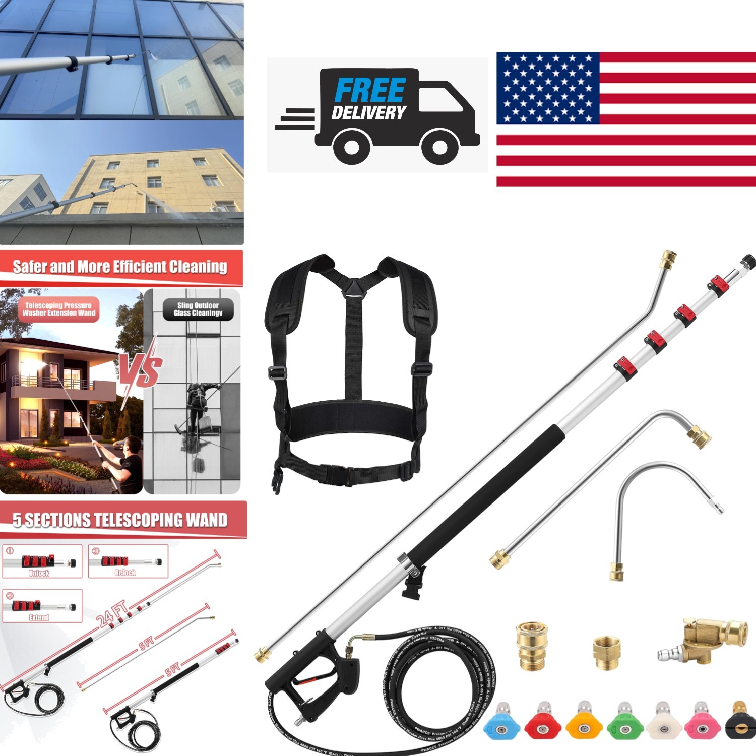 24FT High Cleaning Wand Compatible with Gas and Electric Pressure Washers