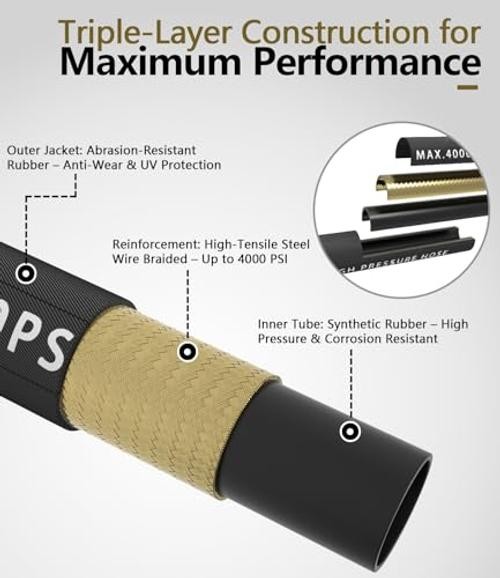 Pressure Washer Hose 4000 PSI – Kink Resistant Steel Braided Layer & 100FT Black