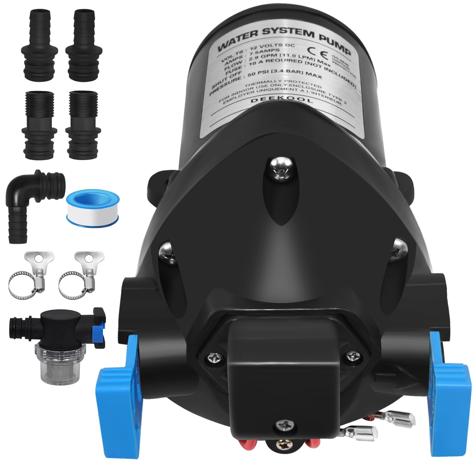 03526-144A 12V RV Water Pump Water System Pump, 2.9 GPM, 50 PSI Triplex Diaph…