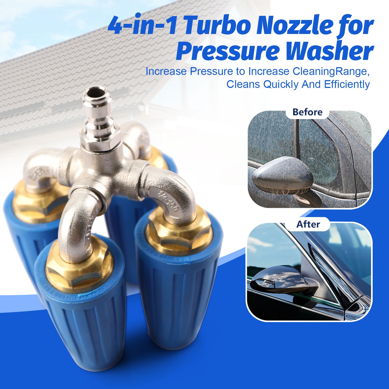 360° Pressure Washer Rotating 4 Turbo Nozzle 1/4″ Quick Connector 2.5 Orifice