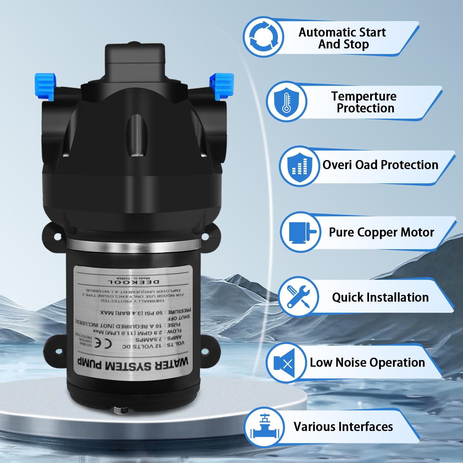 03526-144A 12V RV Water Pump Water System Pump, 2.9 GPM, 50 PSI Triplex Diaph…