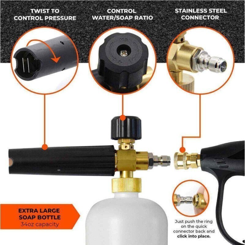 1/4″ High Pressure Washer Snow Foam Cannon Lance Gun 1L Bottle with 5 Nozzle Kit