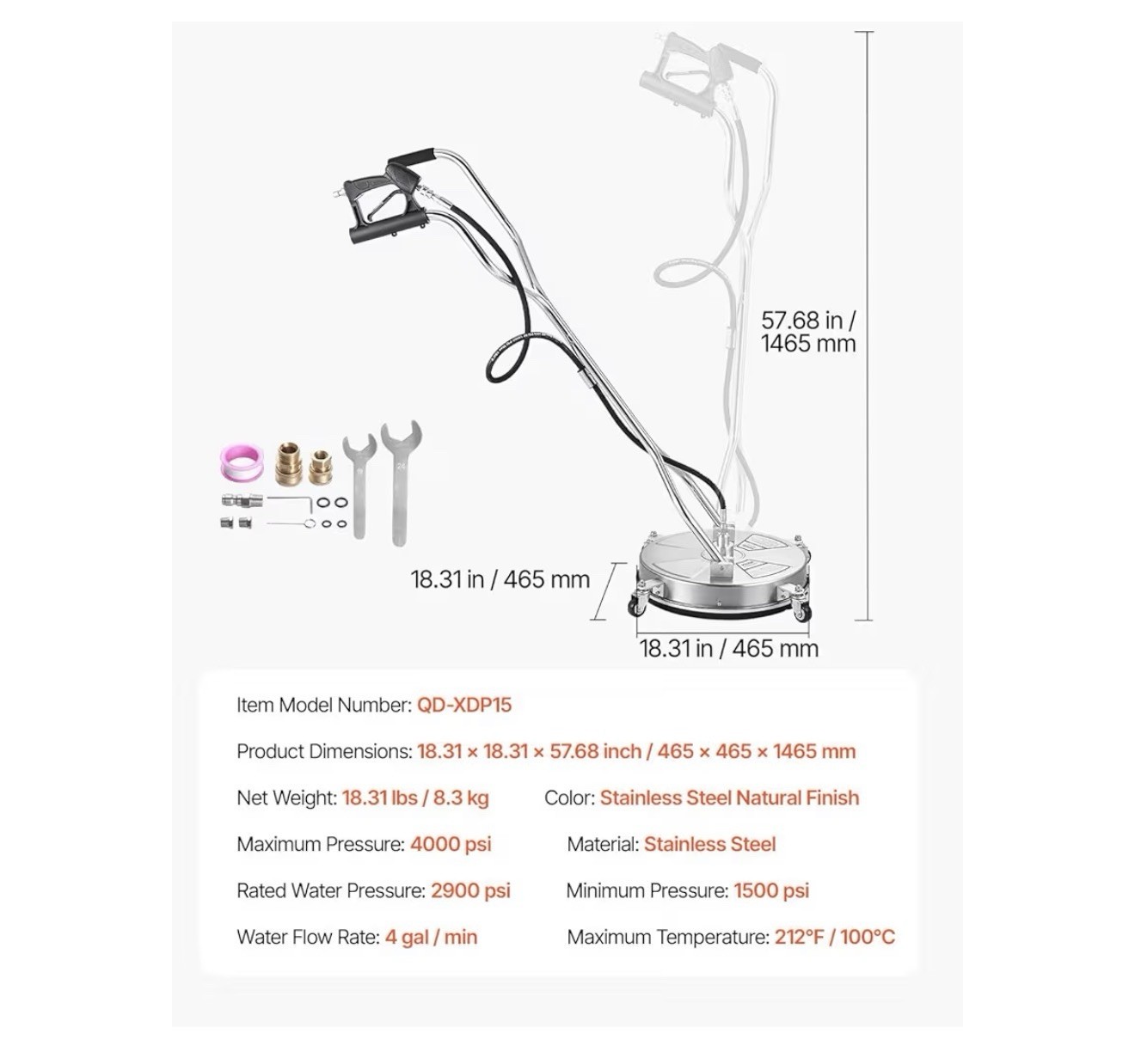 VEVOR 18″ Pressure Washer Surface Cleaner 4000PSI Stainless Steel w/ Dual Handle