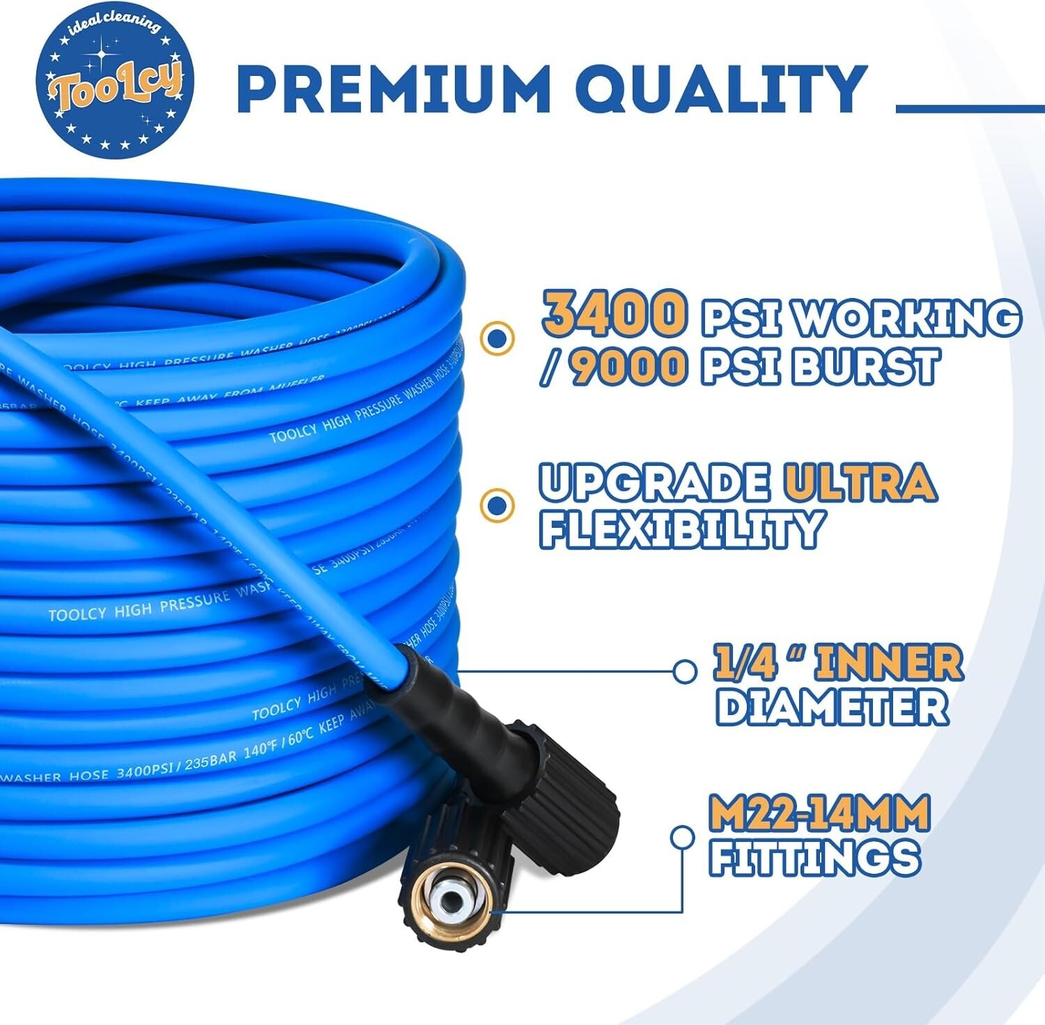 TOOLCY 3400 psi Super Flexible Pressure Washer Hose with 3/8″ Quick Adapters