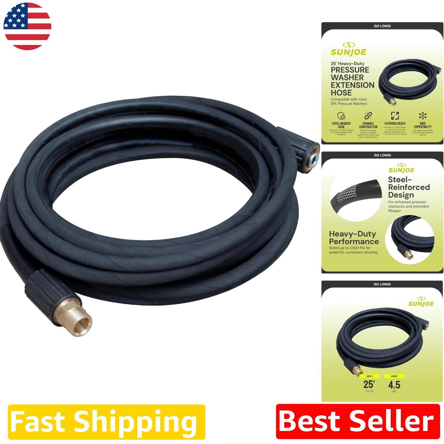 Heavy-Duty 25ft Pressure Washer Hose M22 15mm Swivel Connector Rubber Black