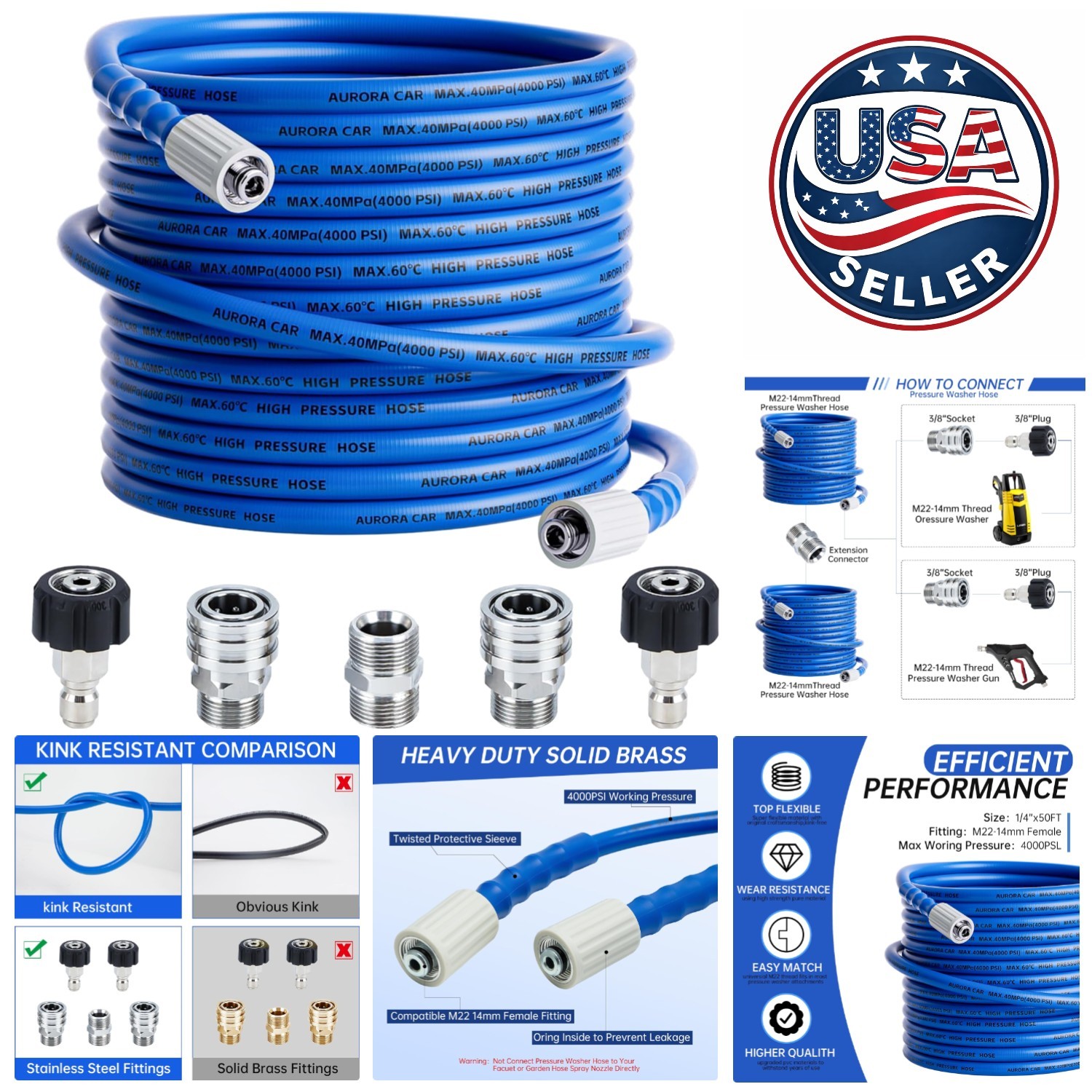 50 FT Synthetic Rubber Pressure Washer Hose – Universal Fit & 4000 PSI