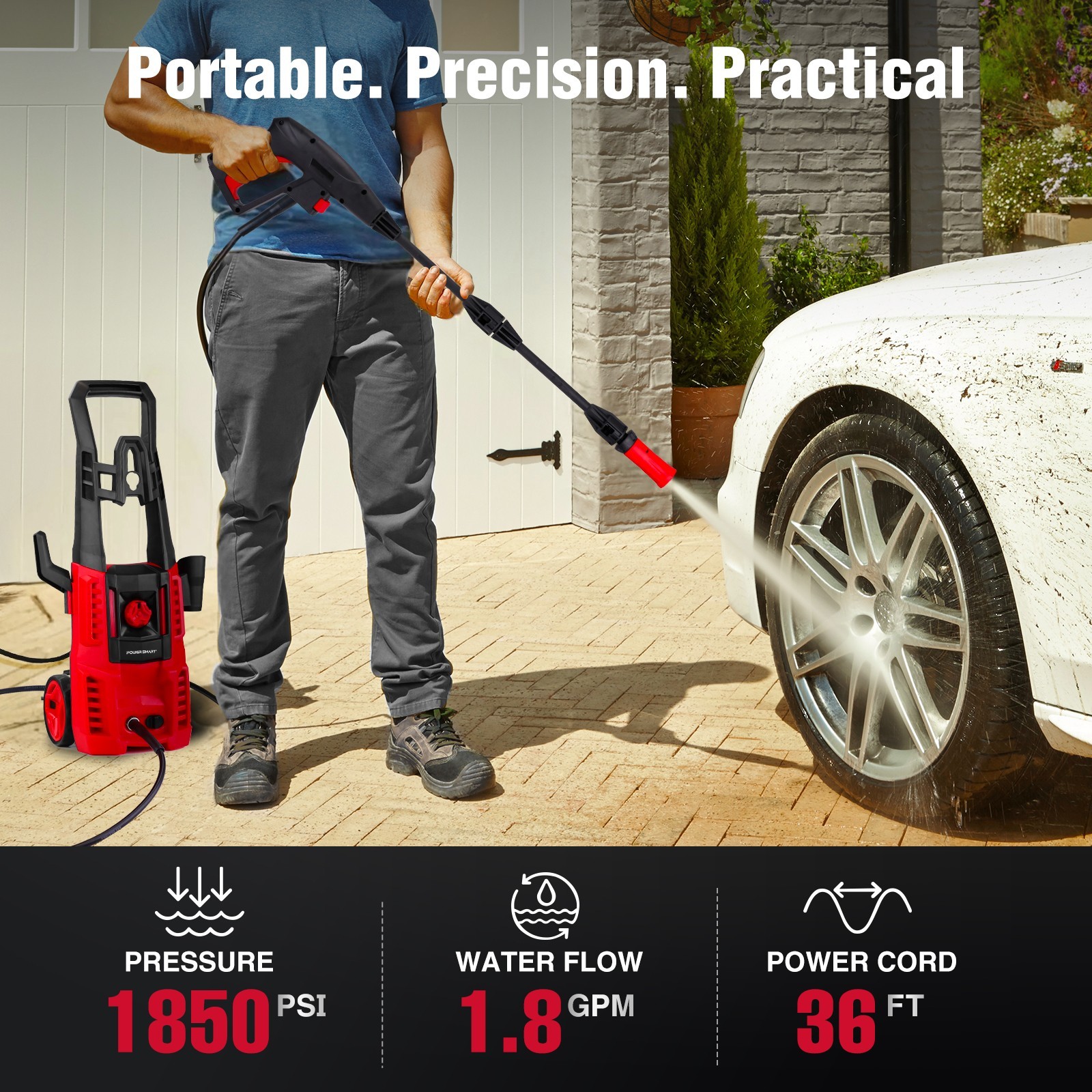 PowerSmart 1850PSI Electric High Pressure Washer, 1.8GPM, 23ft Extended Hose
