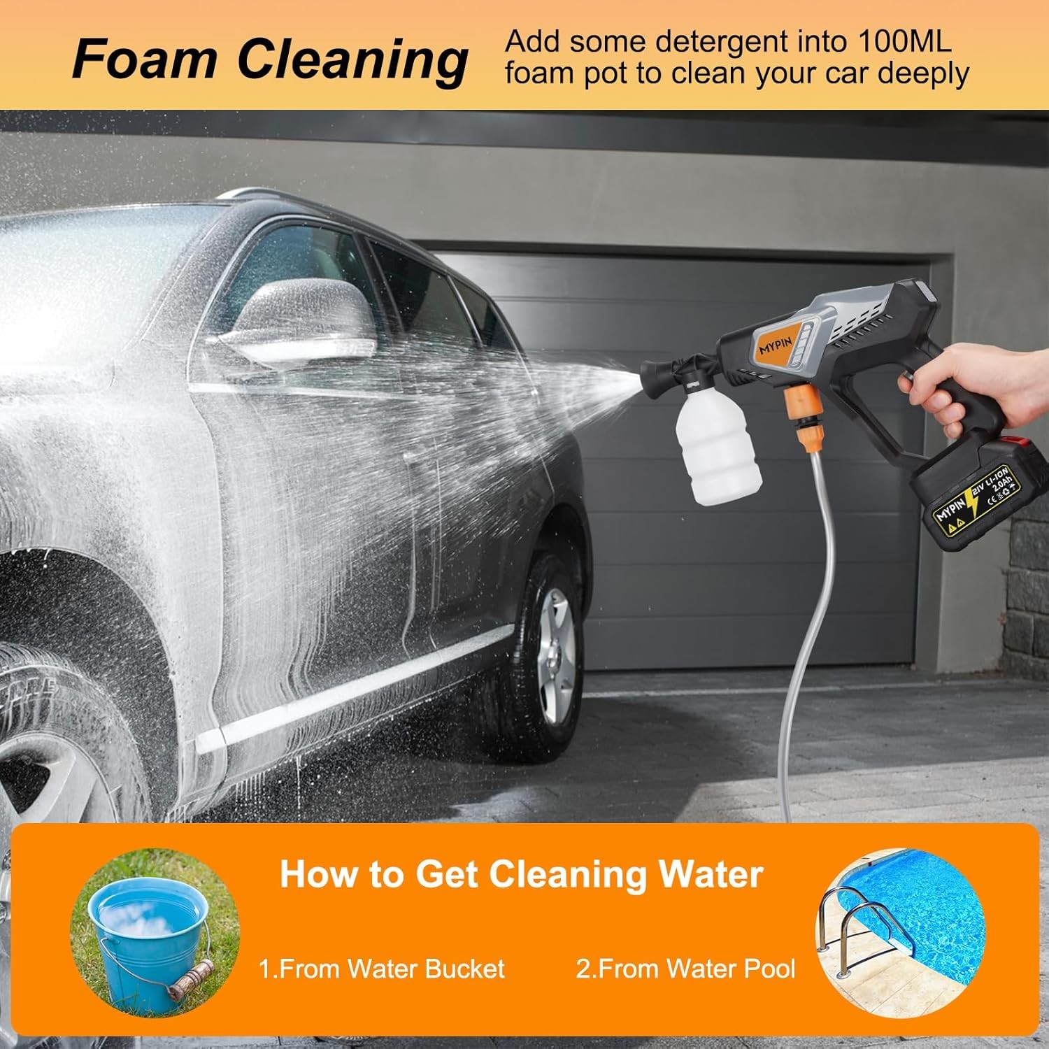 Portable Cordless Pressure Washer 600 PSI 21V w/ 2 Batteries & 6-in-1 Nozzle
