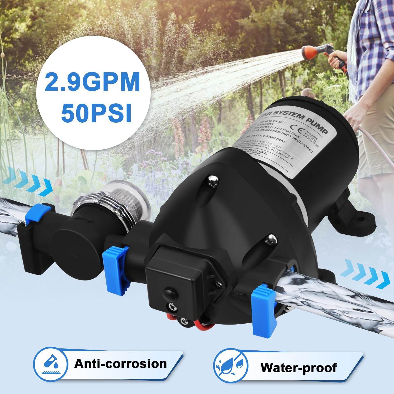 03526-144A 12V RV Water Pump Water System Pump, 2.9 GPM, 50 PSI Triplex Diaph…
