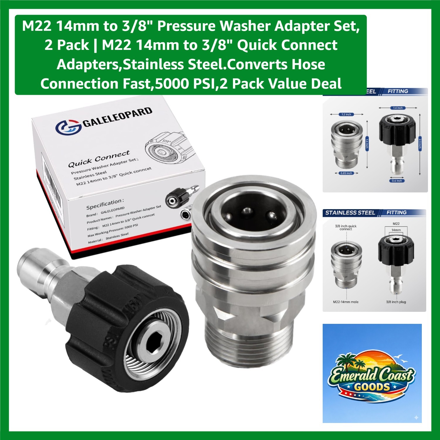 M22 14mm to 3/8″ Pressure Washer Adapter Set, 2 Pack | M22 14mm to 3/8″ Quick…