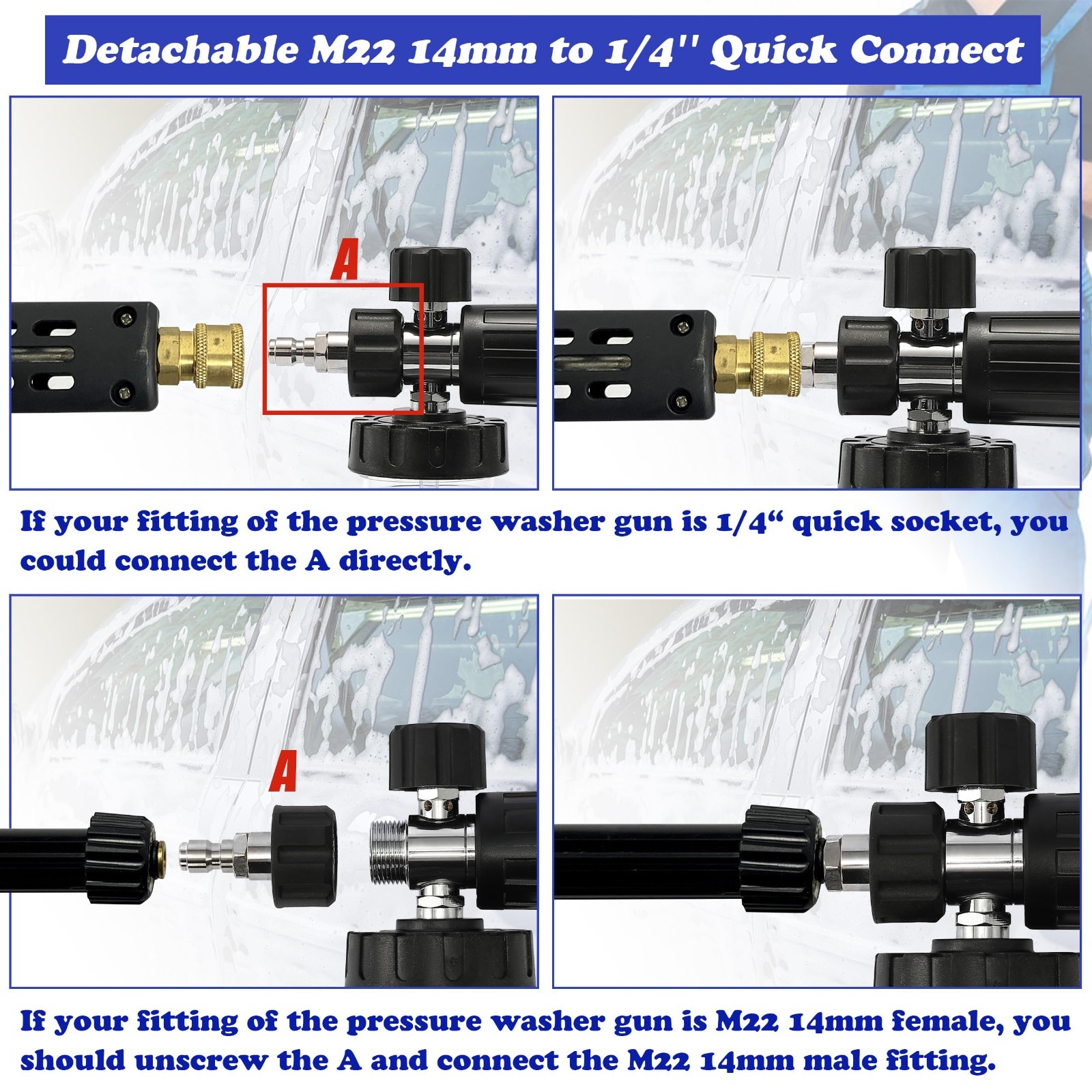 Pressure Washer Foam Cannon with Dual Connector, 5 Nozzles & Quick Connect Tip