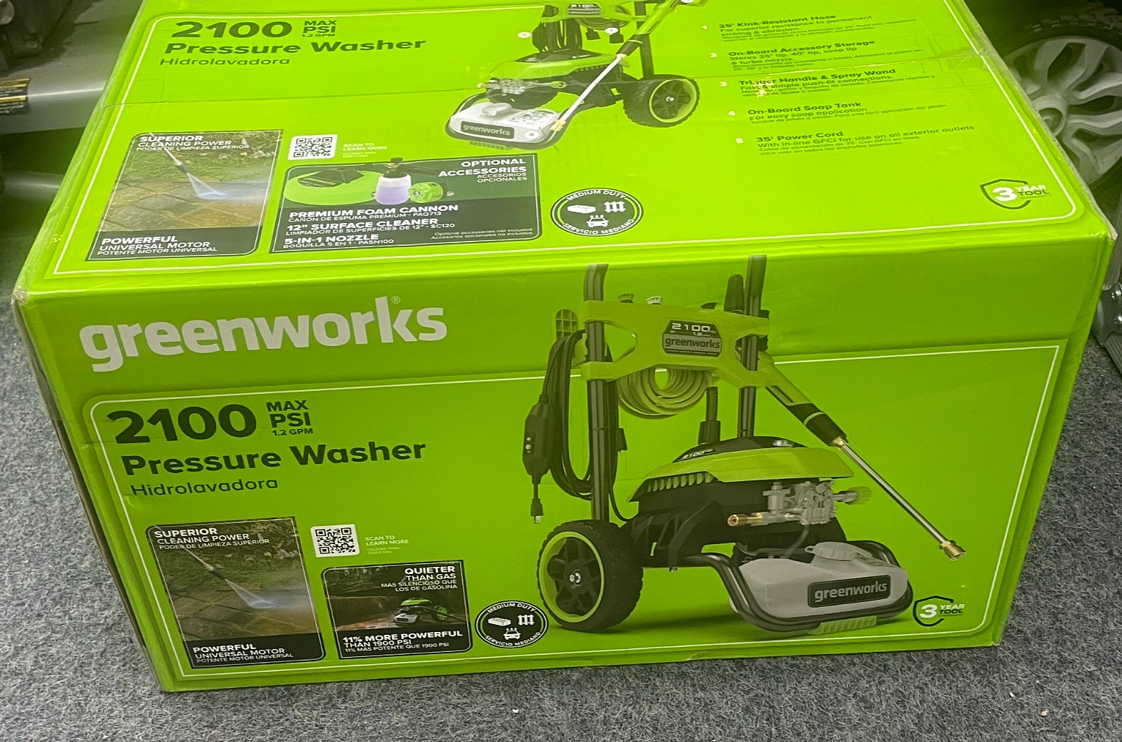 Greenworks 2100 PSI 1.2 GPM Electric Pressure Washer 25Ft Hose 35Ft GPW2100