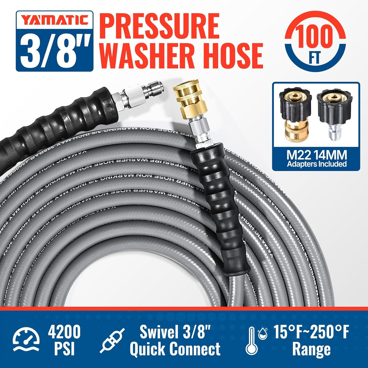 YAMATIC Pressure Washer Hose 100 FT, True 3/8″ID,4200 PSI, 250°F Hot Water, Stee