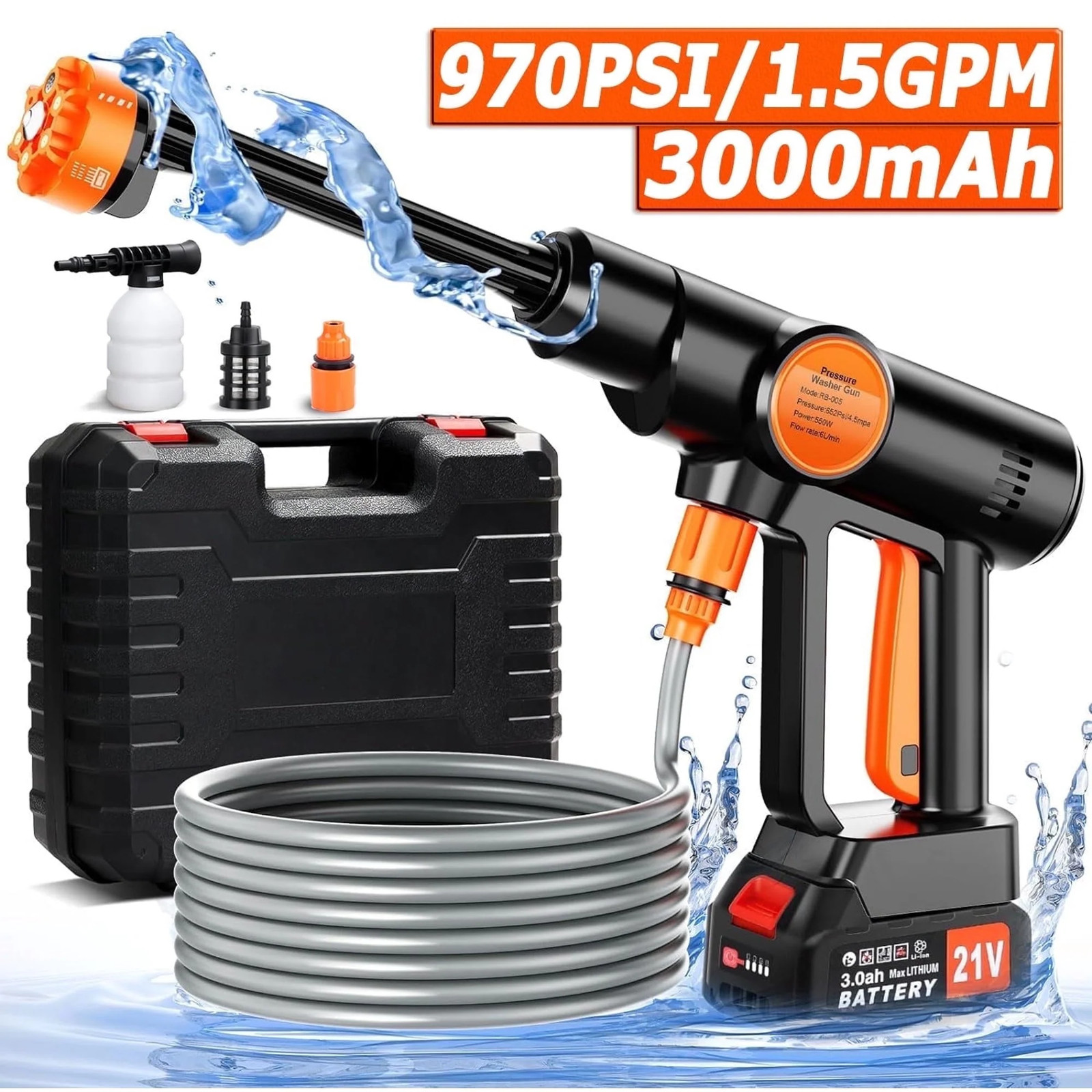 RB-005 Cordless Pressure Washer, 970 PSI, 1.5 GPM, 550W Brushless Motor