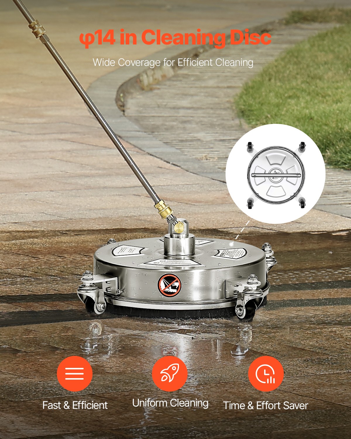VEVOR 14″ Pressure Washer Surface Cleaner 4 Wheels 4000 Max PSI 2 Extended Wands