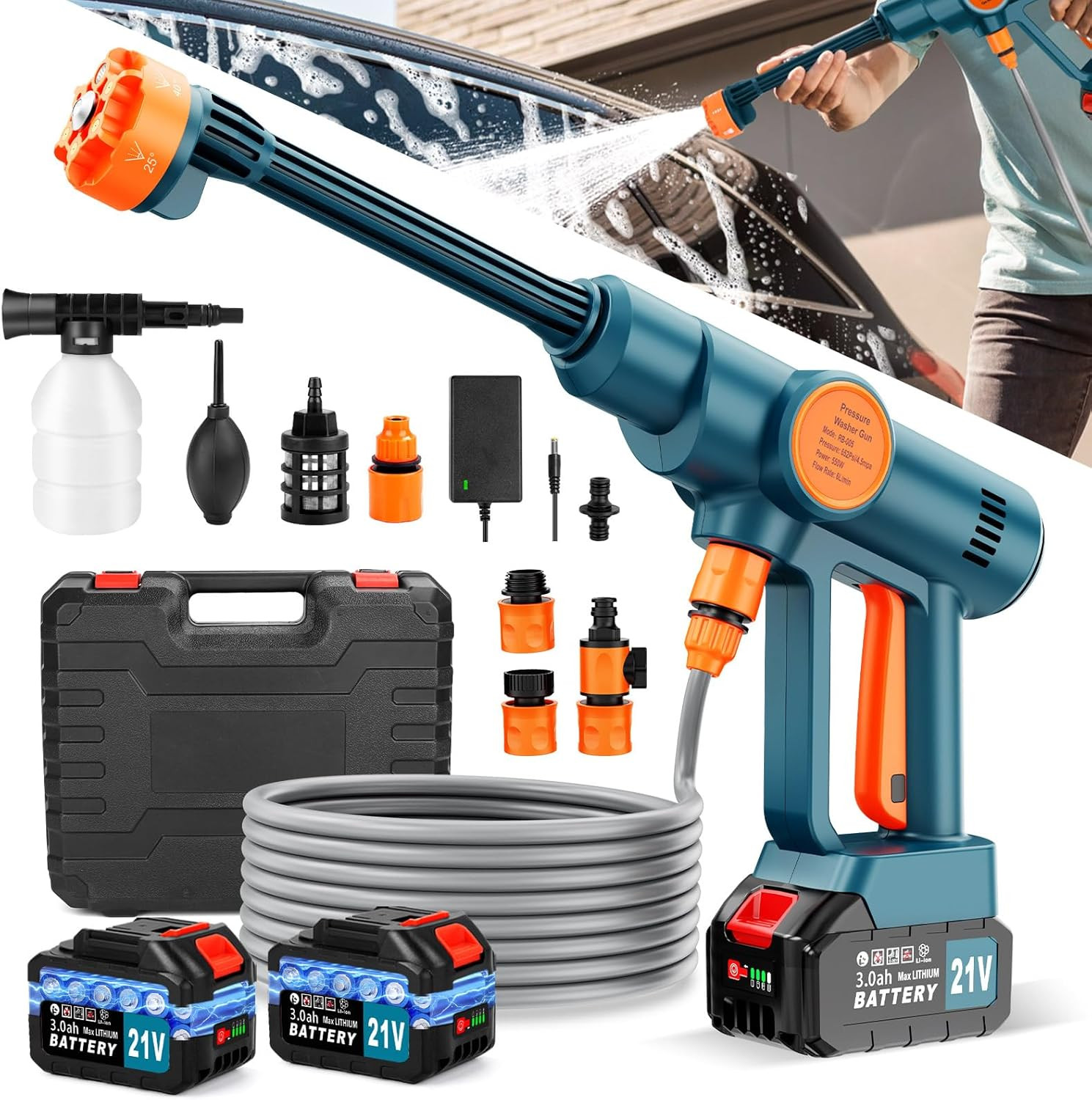 Brushless Battery Operated Washer, Handheld Car Washer with 6-In-1 Nozzle Batter