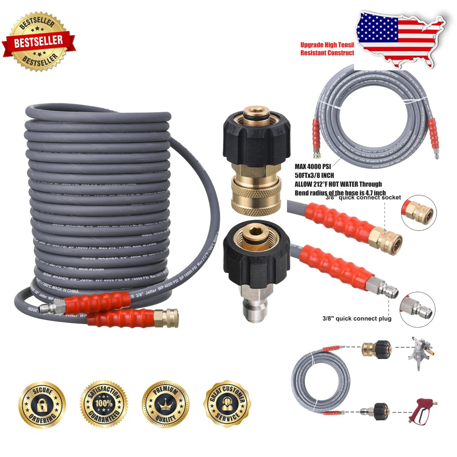 Heavy-Duty 50ft Pressure Washer Hose 3/8″ 4000 PSI Hot/Cold Water Rubber
