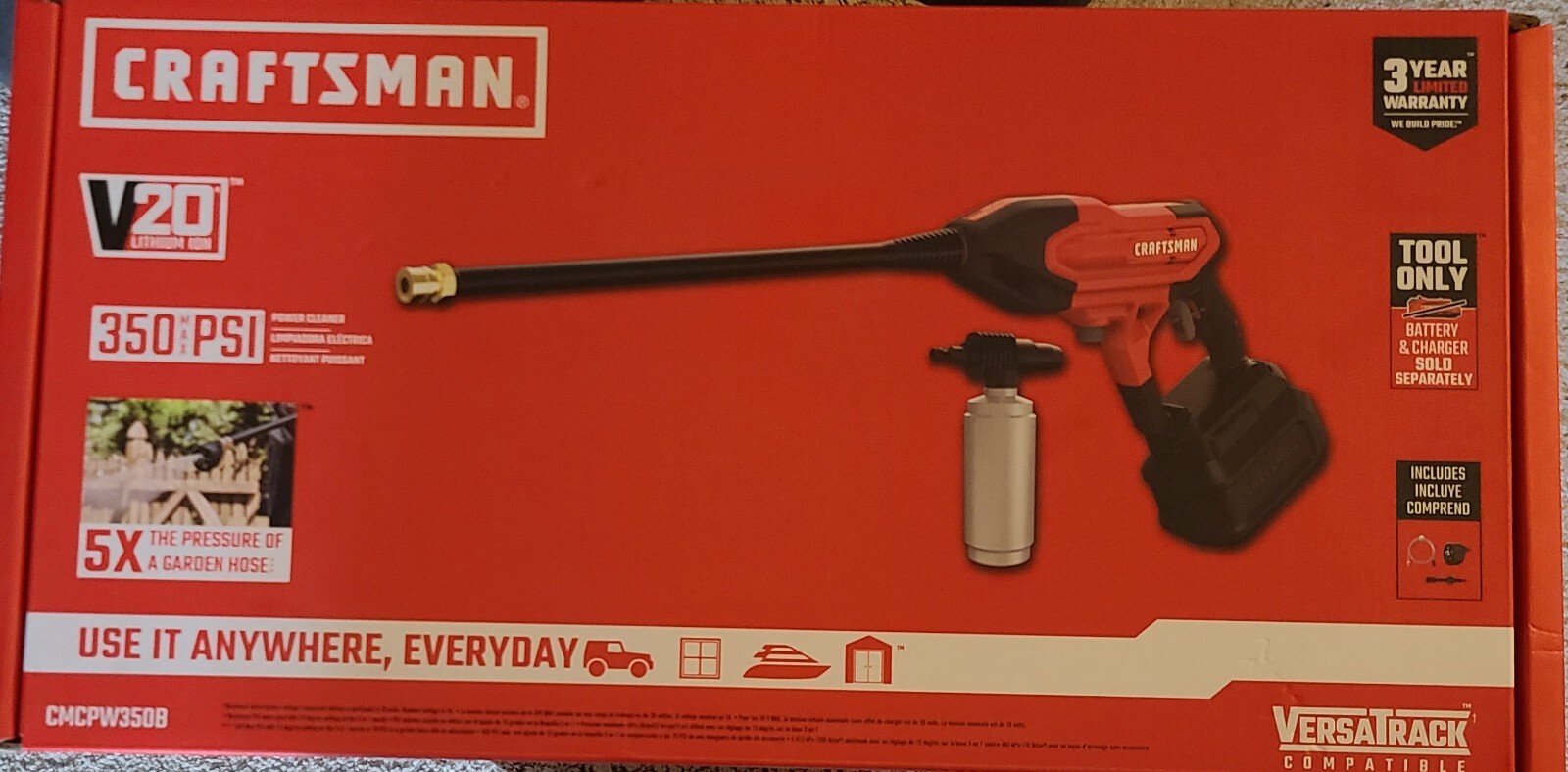 Craftsman V20 Battery Powered Pressure Washer – 350 PSI- SEALED *ALSO TASK LIGHT