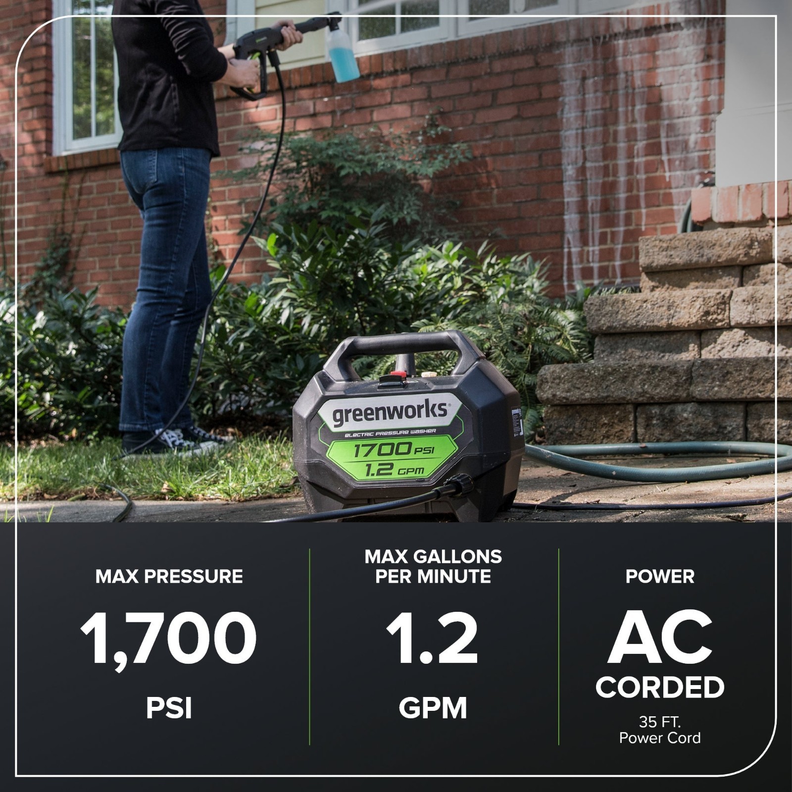 Greenworks 1700 Psi Hand-Carry Pressure Washer PW1603 20Ft Hose 35Ft Cord 2 Nozz