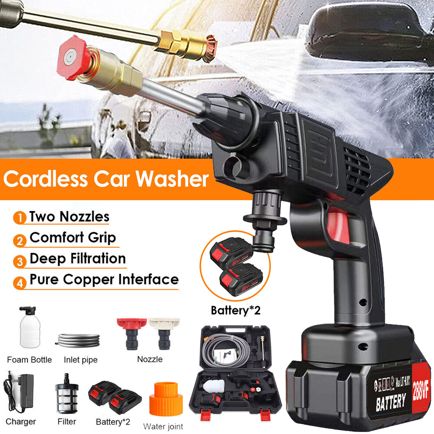 Electric Cordless Water Spray Gun Portable High Pressure Car Washer Cleaner