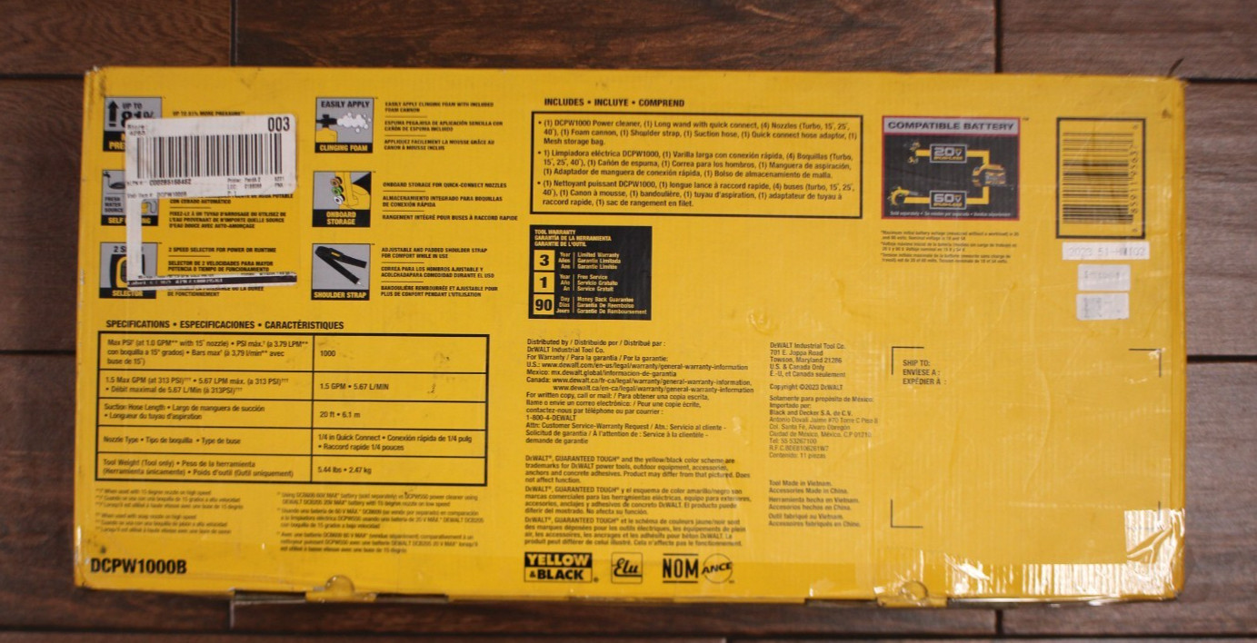 (RI3) DeWalt DCPW1000B 60V FLEXVOLT 1000 PSI Cordless Pressure Washer (Tool Only