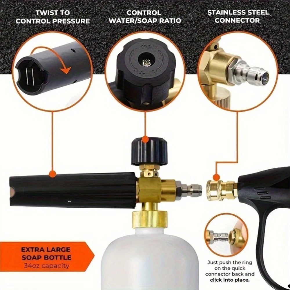 1/4″ Quick Release Snow Foam Lance Cannon Gun with 5 Nozzles Kit 1000ML Bottle