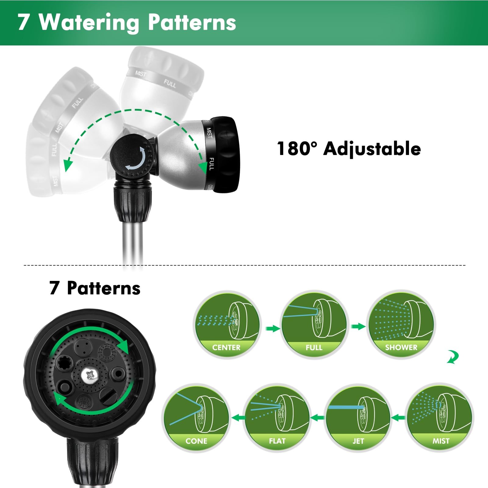 Metal Watering Wand, Heavy Duty Garden Hose Wand with 180° Swivel Ratcheting Hea