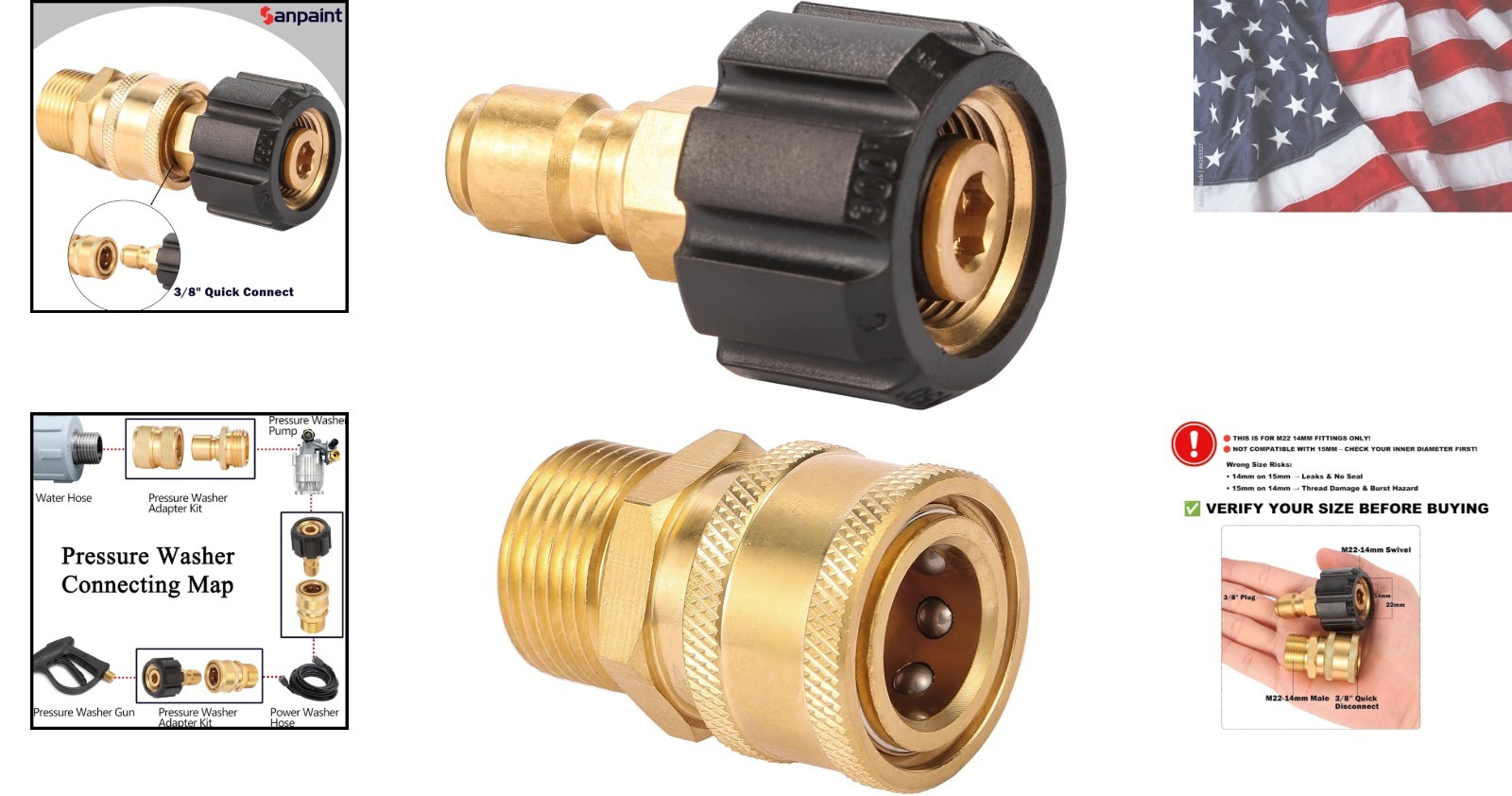 Pressure Washer Quick Connect Fittings, Quick Connect Kit M22 14mm to 3/8 Inc…