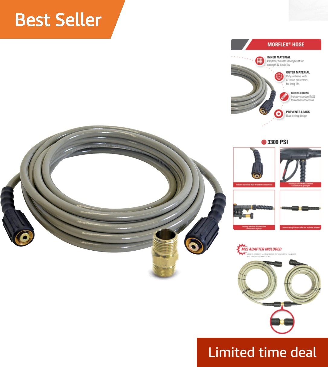 3300 PSI MorFlex Series Pressure Washer Hose – 25 Feet, Cold Water Compatible