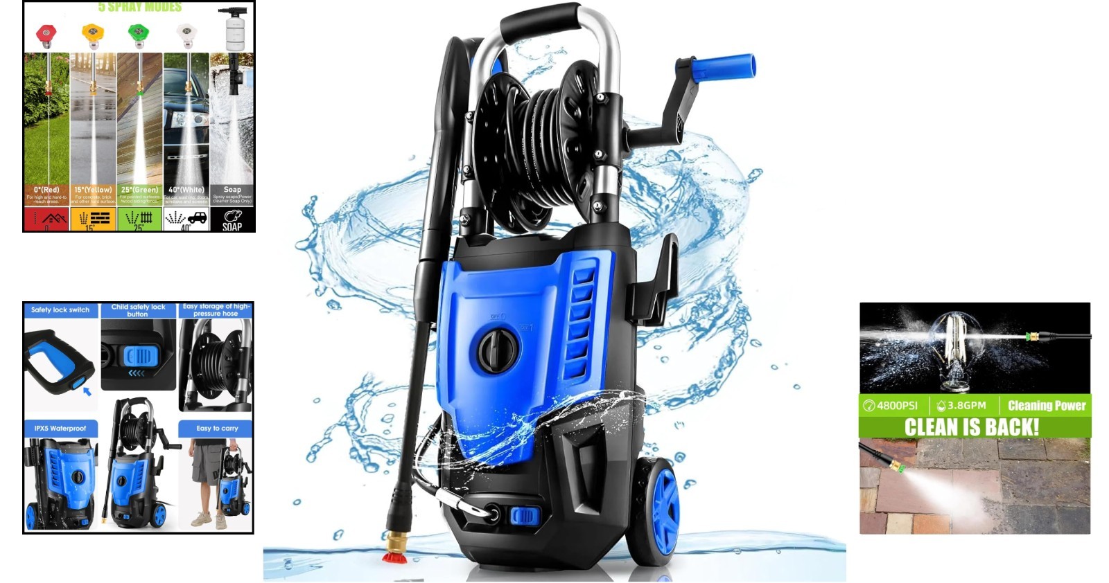 High Power 4800PSI Electric Pressure Washer – 3.8GPM, 33FT Hose Reel Included