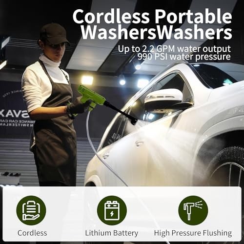 Portable Cordless Pressure Washer 1200PSI, 4Ah Battery & Charger, 6-in-1 Nozzle,