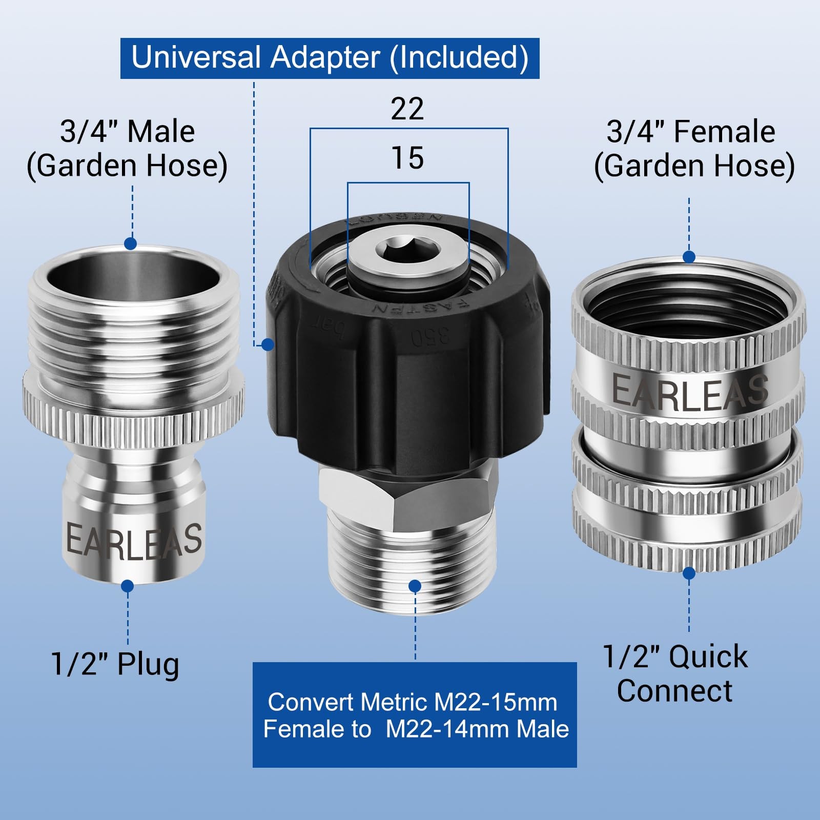 Pressure Washer Quick Connect Kit M2214mm M2215mm 3/8 3/4 Inch Steel 9 PCS