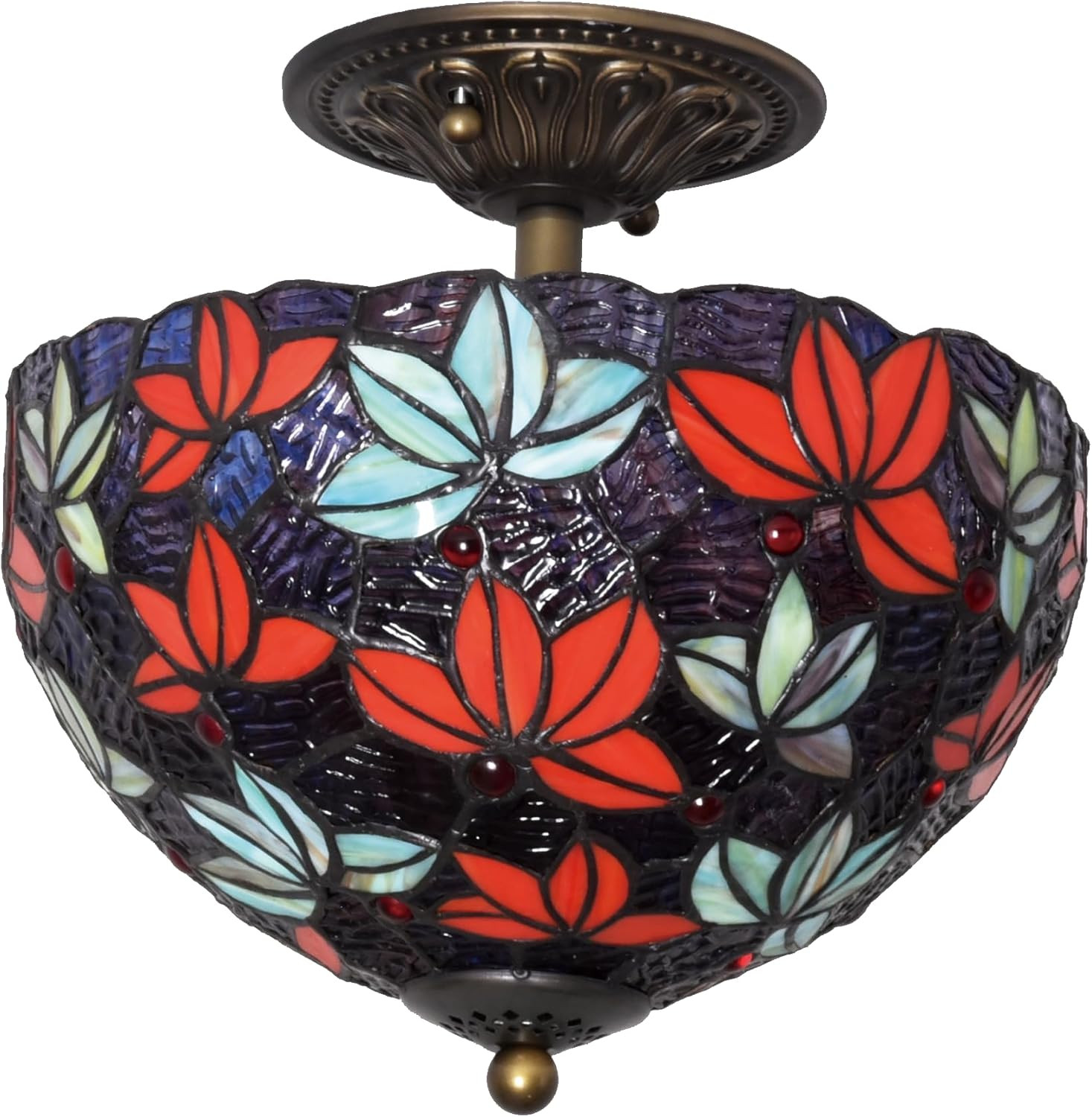 Vintage Tiffany Semi Flush Mount Light – Purple Blue Maple Leaf Design