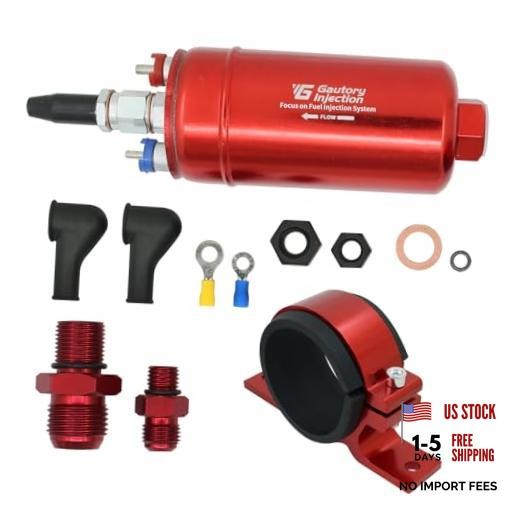 300LPH High Flow External Inline Fuel Pump (044 Style), Red with Bracket