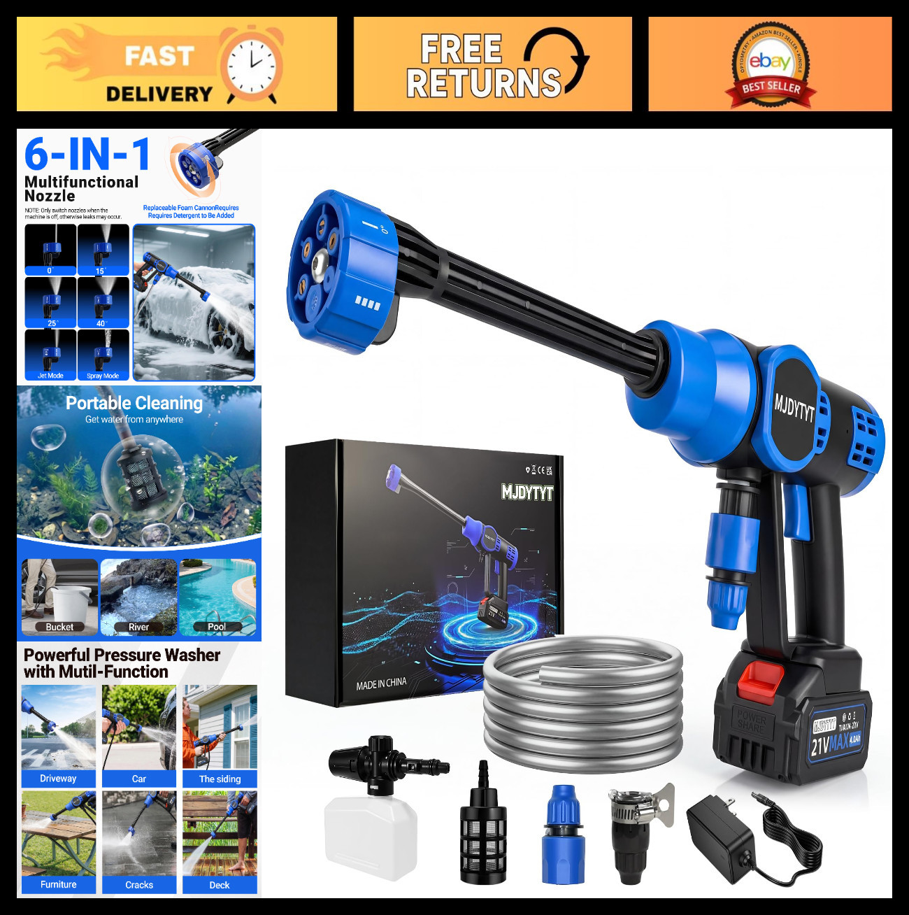 Cordless Power Washer with Brushless Motor, 6-in-1 Nozzle, Portable Handheld Cle