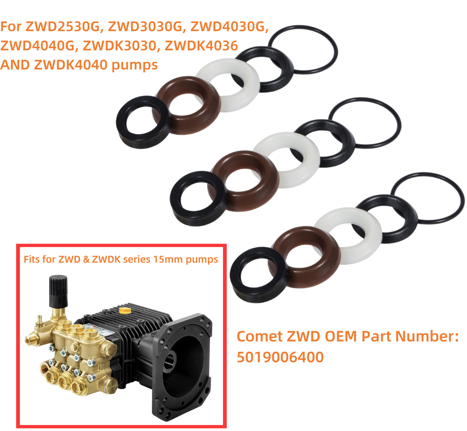 Pressure Washer Pump Seal Kit For ZWD ZWDK Series 15MM Pump 5019006400