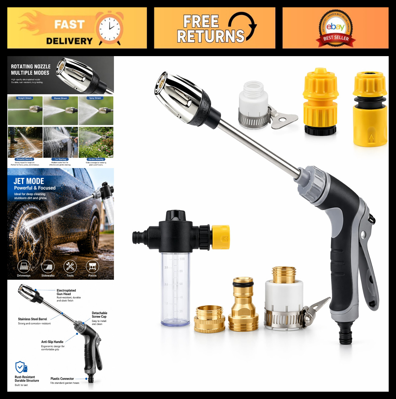 High Pressure Washer Spray Gun for Garden Hose, Hydro Jet Wand with Foam Bottle,