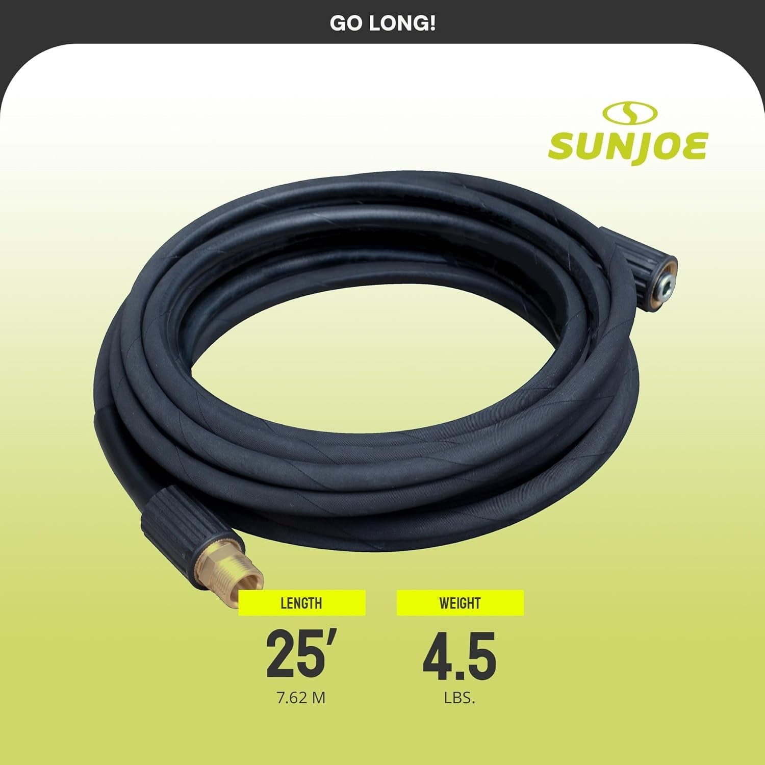 Heavy-Duty 25ft Pressure Washer Hose M22 15mm Swivel Connector Rubber Black