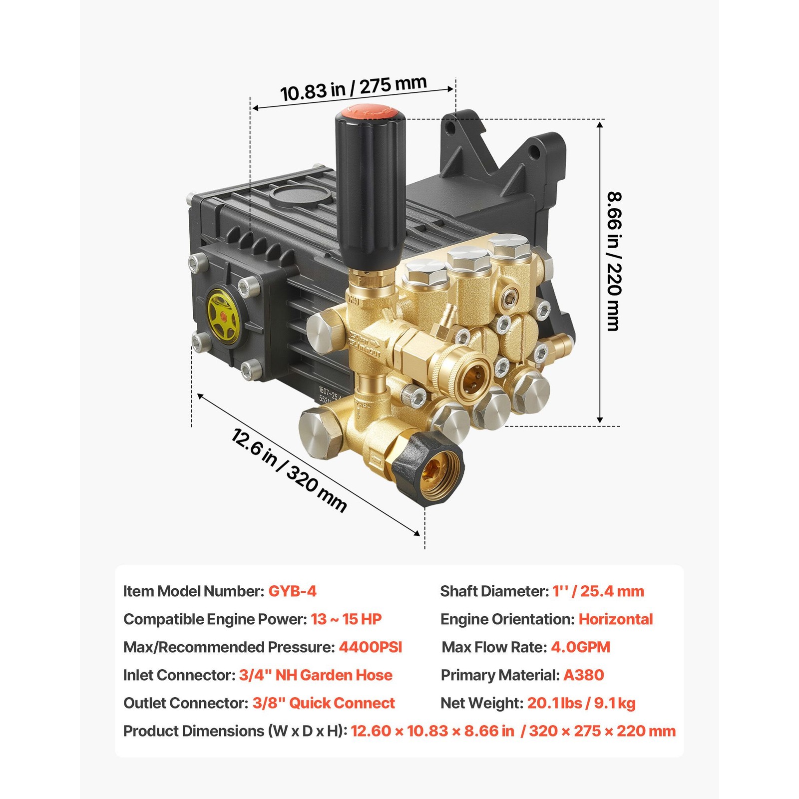 3600 PSI 3.7 GPM Pressure Washer Pump, 1in Shaft Triplex for Simpson MorFlex