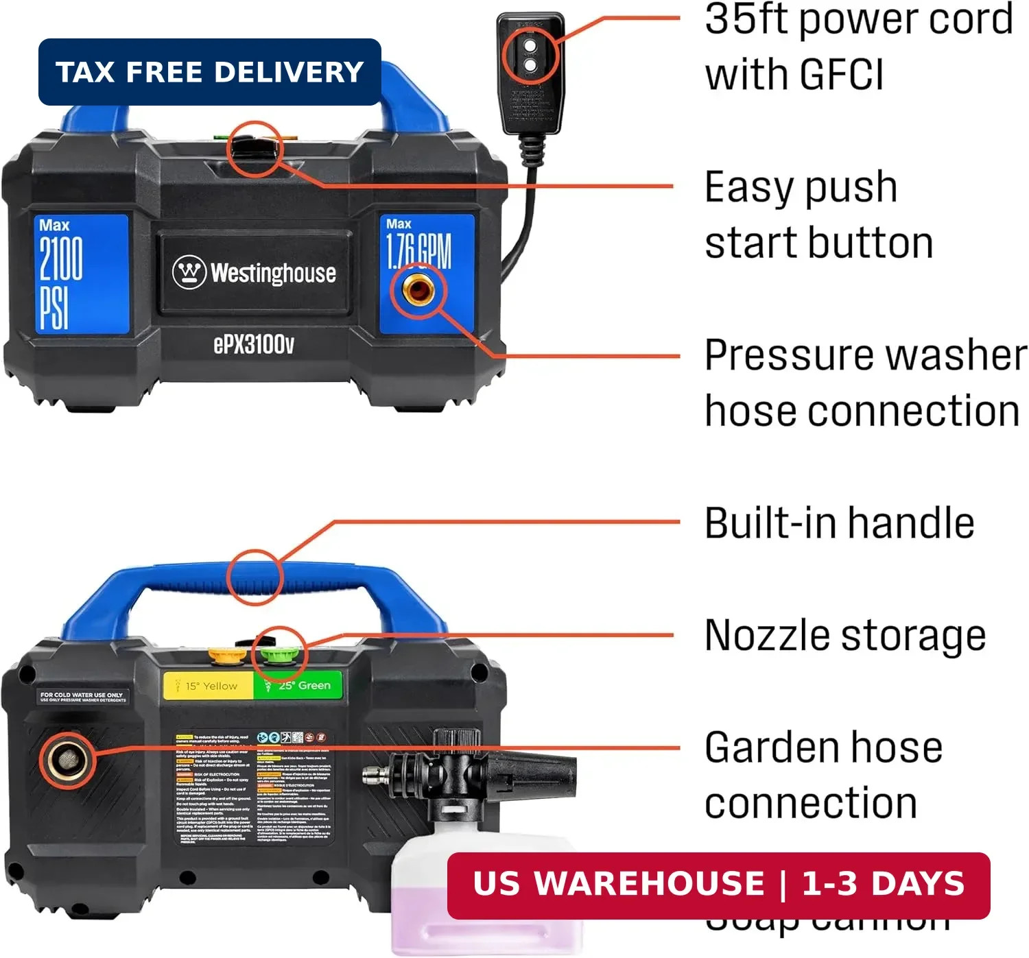 Westinghouse ePX3100v Electric Pressure Washer, 2100 Max PSI 1.76 Max GPM, Built