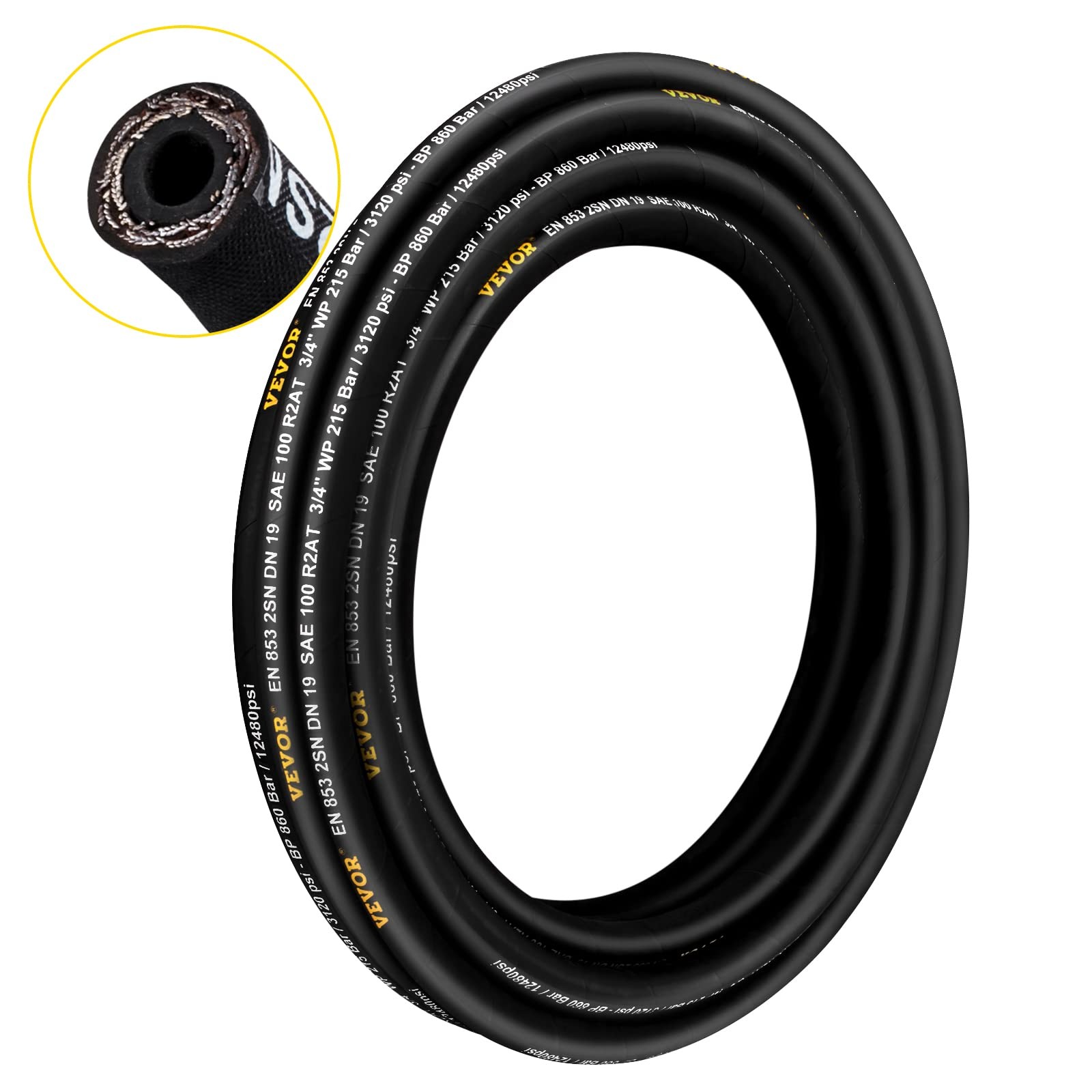 100ft Hydraulic Hose 1/4in ID High Pressure 5800 PSI Durable Flexible Rubber